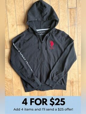 U.S. Polo Assn. Black Zip-Up Hoodie with Logo Embroidery – Size Small